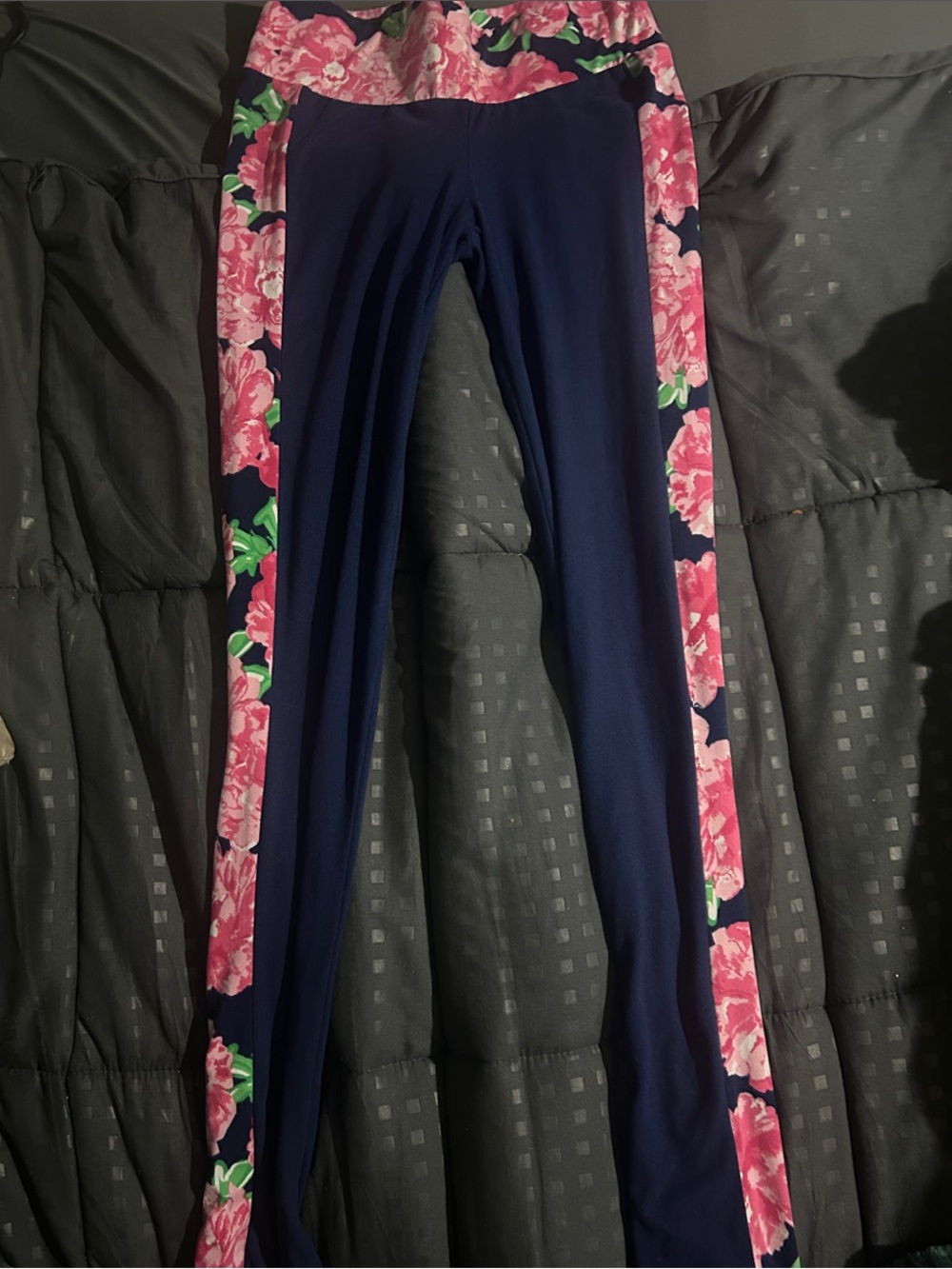 Mud Pie Color-Blocked Athletic Leggings Navy Pink Floral Side Panel XS
